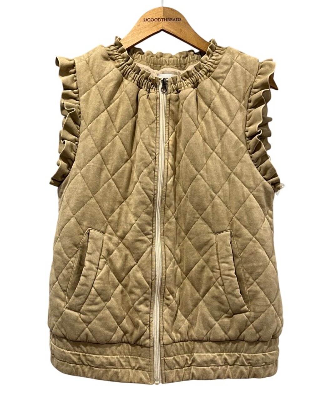 Katydid Quilted Ruffled Full Zip Vest, NWT, Tan, M